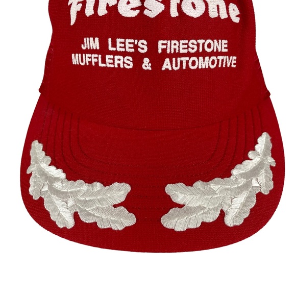 Vintage Firestone USA Made SnapBack Trucker Hat Embroidered Bill Red White Crisp - Picture 11 of 16